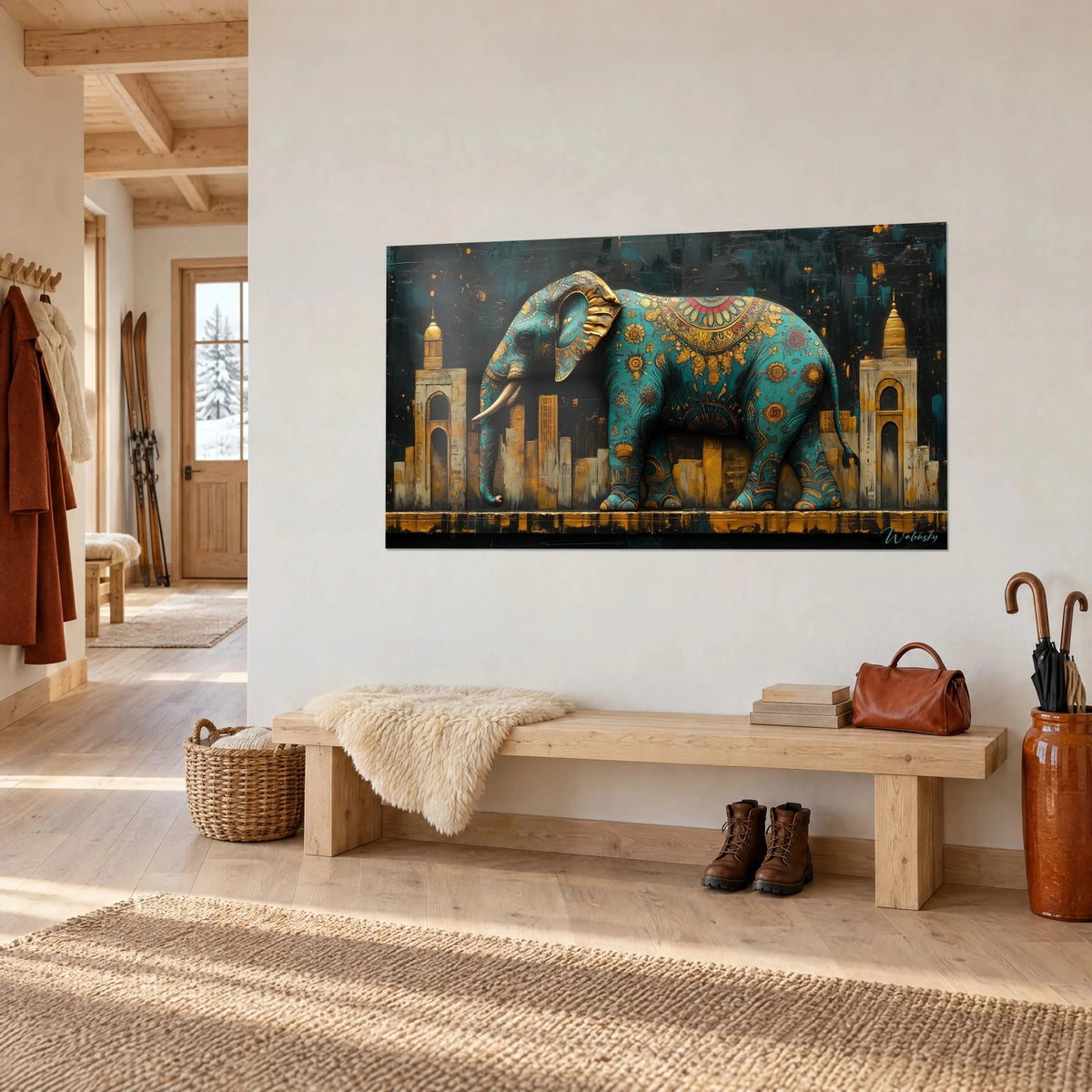 Wall art of a pachyderm adorned with golden-yellow mandalas on blue-green skin, golden cities in the background, wooden bench, chalet