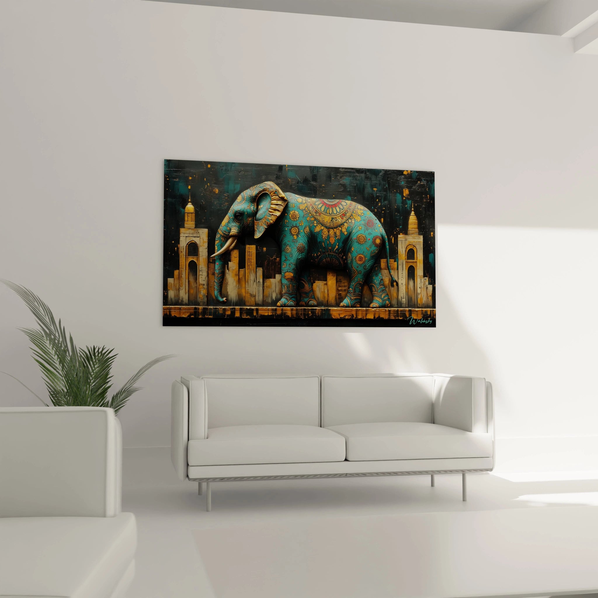 Tableau éléphant coloré de Walensky, parfait pour décorer un salon moderne