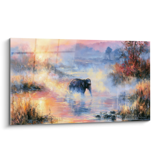 Tableau Éléphant traversant une rivière dorée brumeuse - Aube brumeuse - Edition Elephant