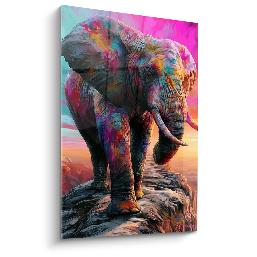 Tableau Éléphant rose et turquoise sur promontoire - Marche flamboyante - Edition Elephant