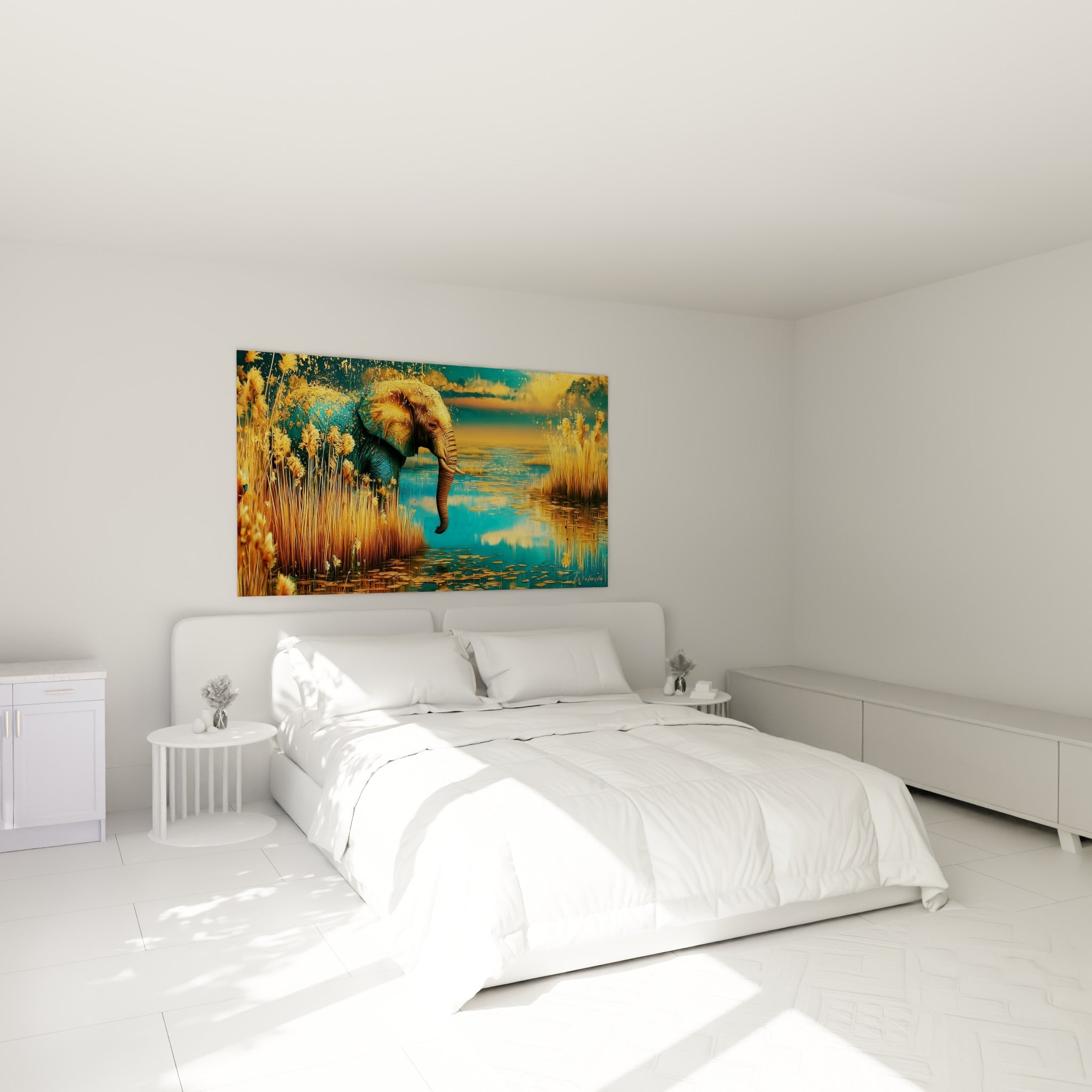 Silhouette d'éléphant doré et turquoise accrochée au-dessus d'un lit dans une chambre claire