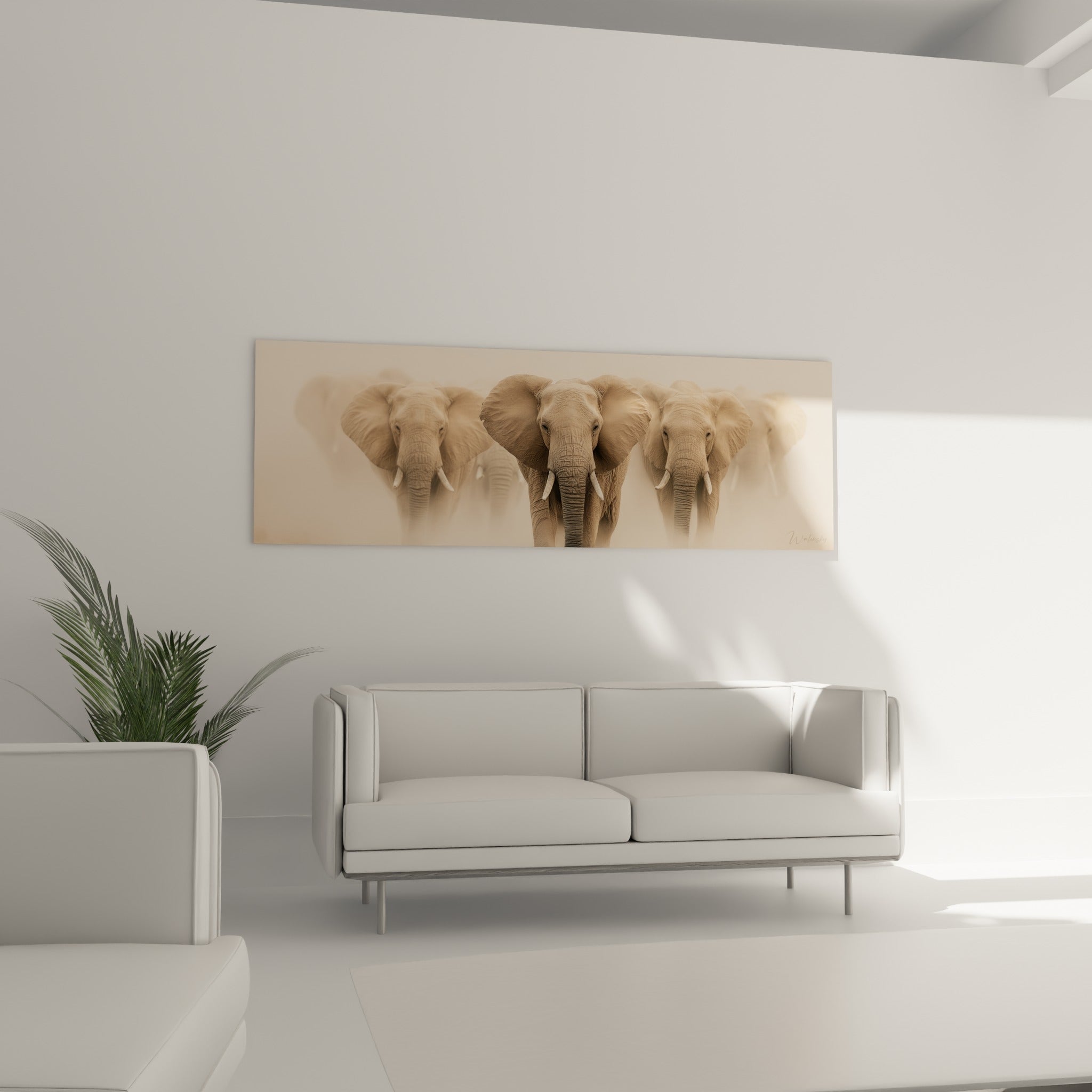 Silhouettes d'éléphants sable et gris perle émergeant du brouillard, au-dessus d'un canapé dans un salon lumineux