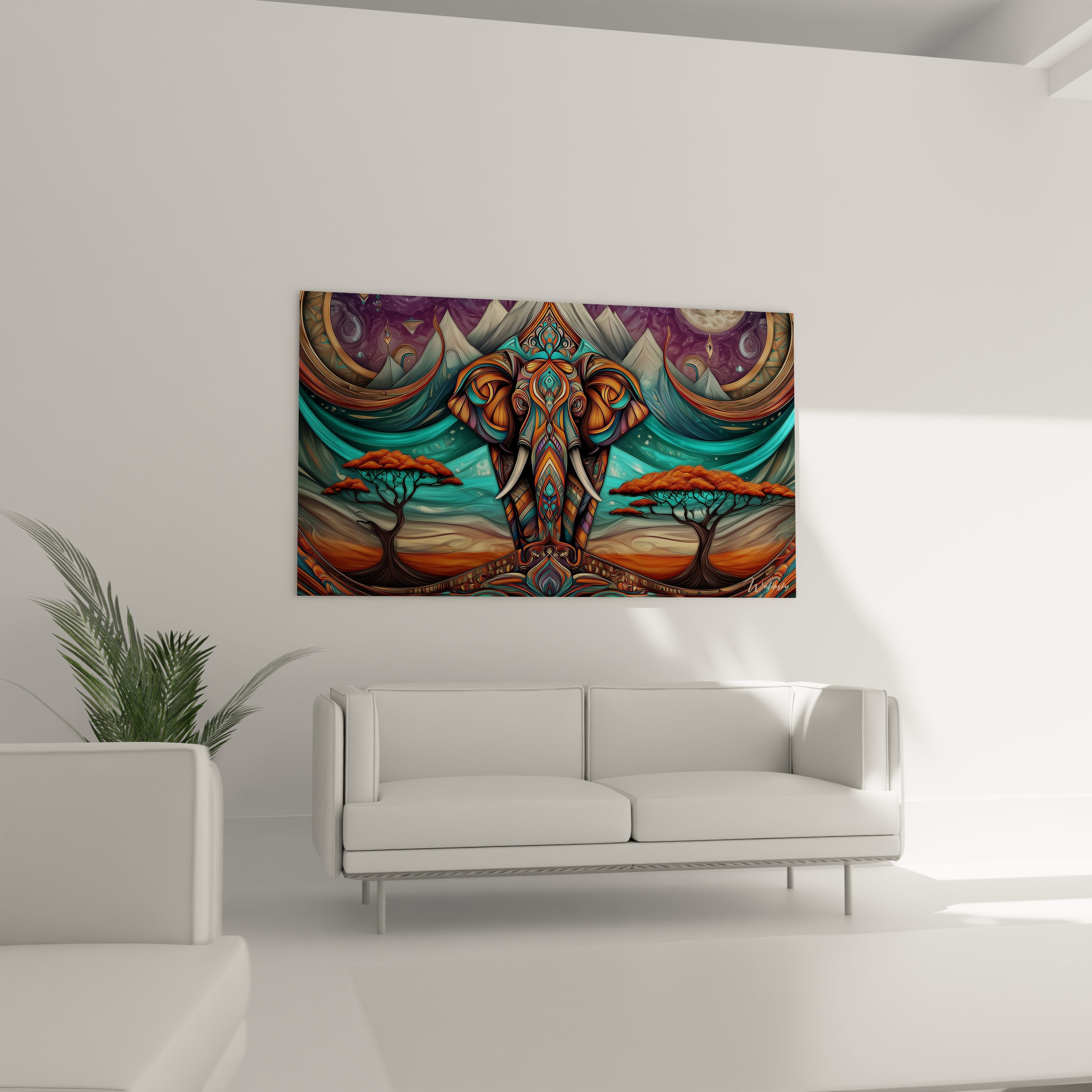 Tableau éléphant savane africaine de Walensky sur un mur moderne avec des arbres et des couleurs vives