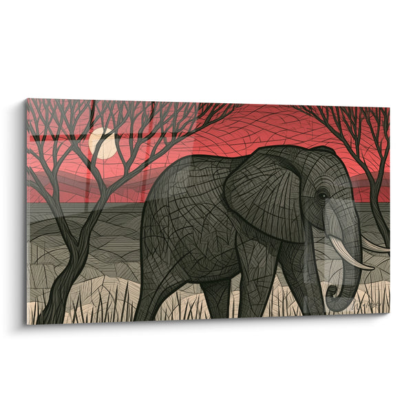 Tableau Éléphant gris et rouge sous la lune - Marche crépusculaire - Edition Elephant