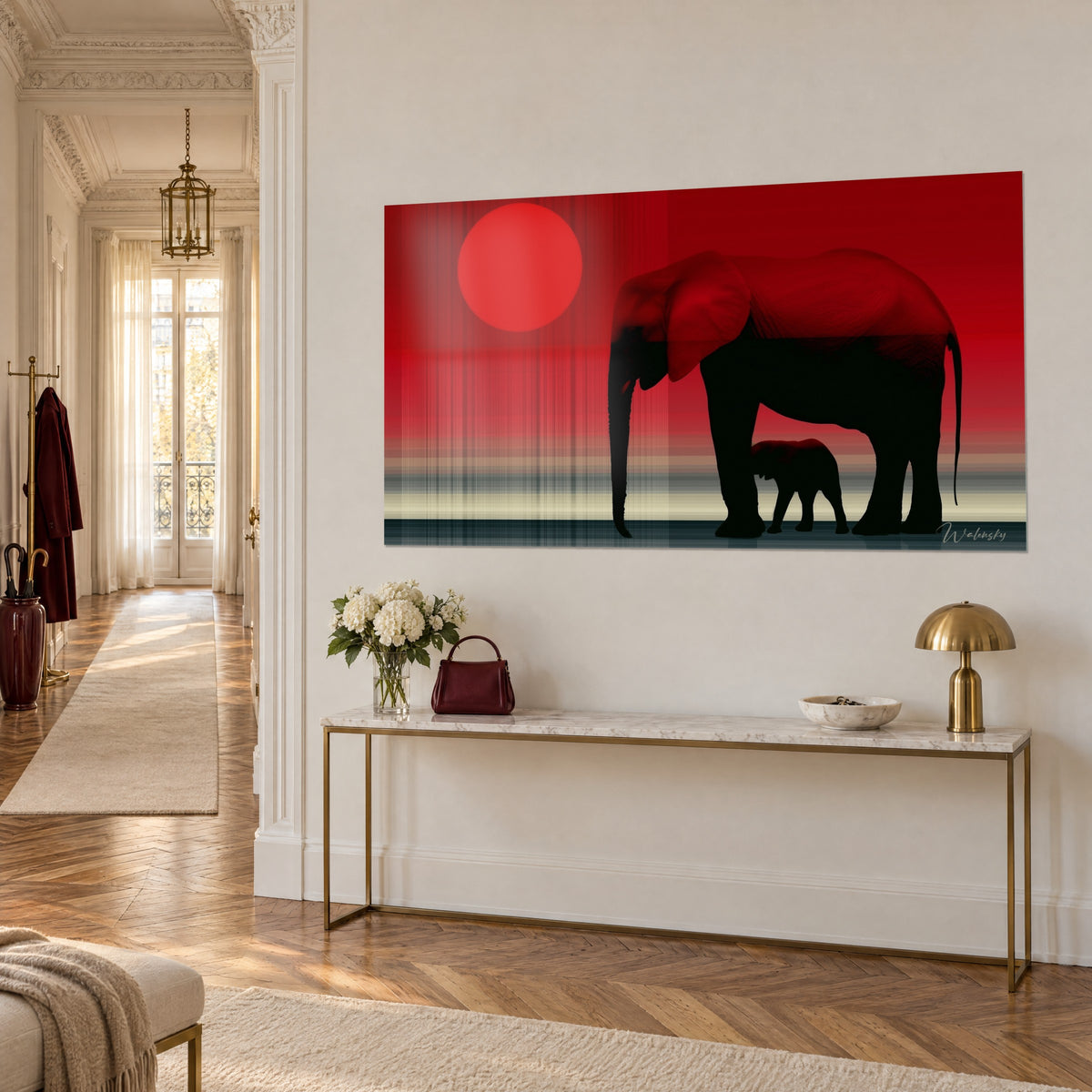 Wall art giant black elephant and its young under a scarlet disc, gilded console, herringbone parquet, three-quarter view
