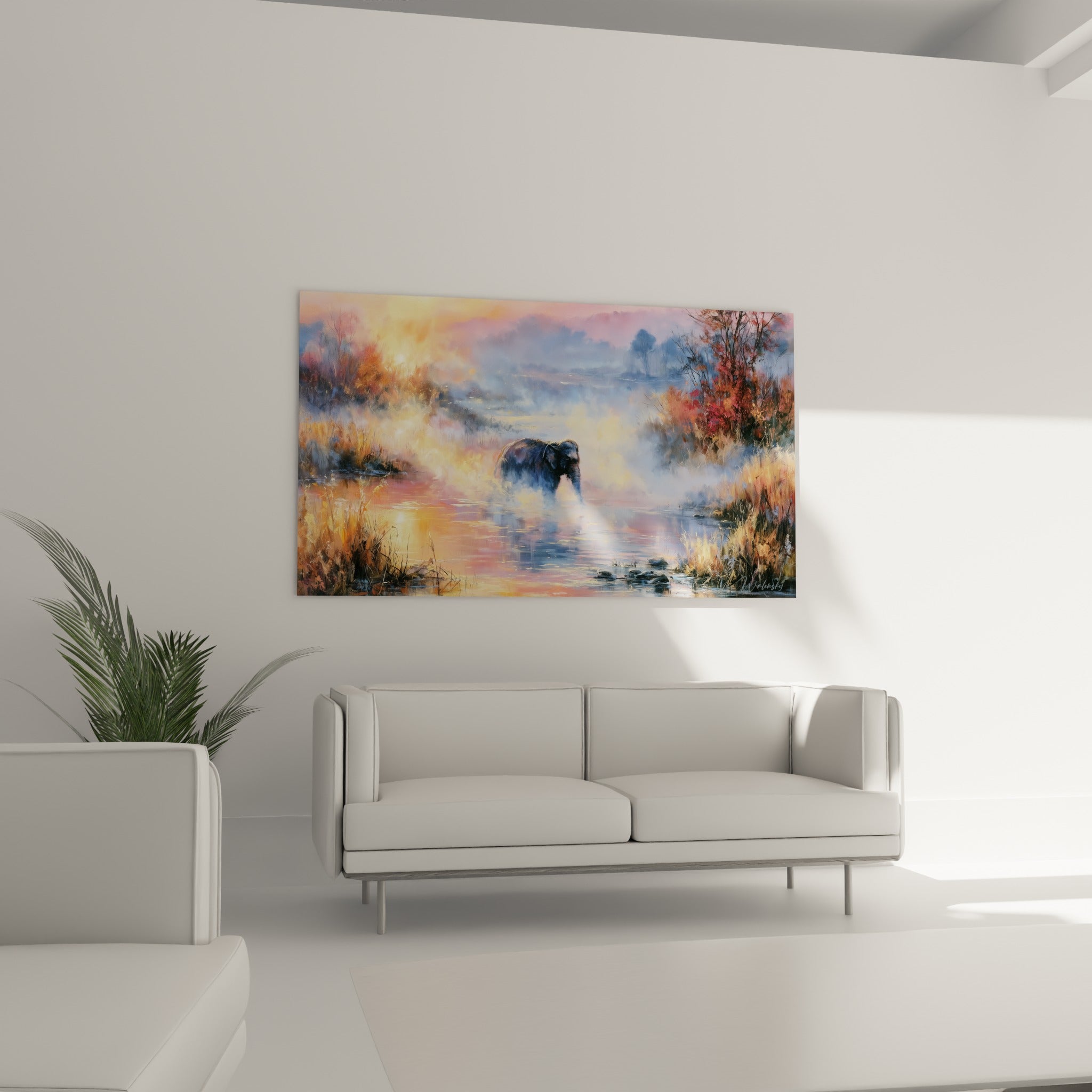 Pachyderme solitaire dans une brume orangée et bleu pastel au-dessus d'un canapé dans un salon lumineux