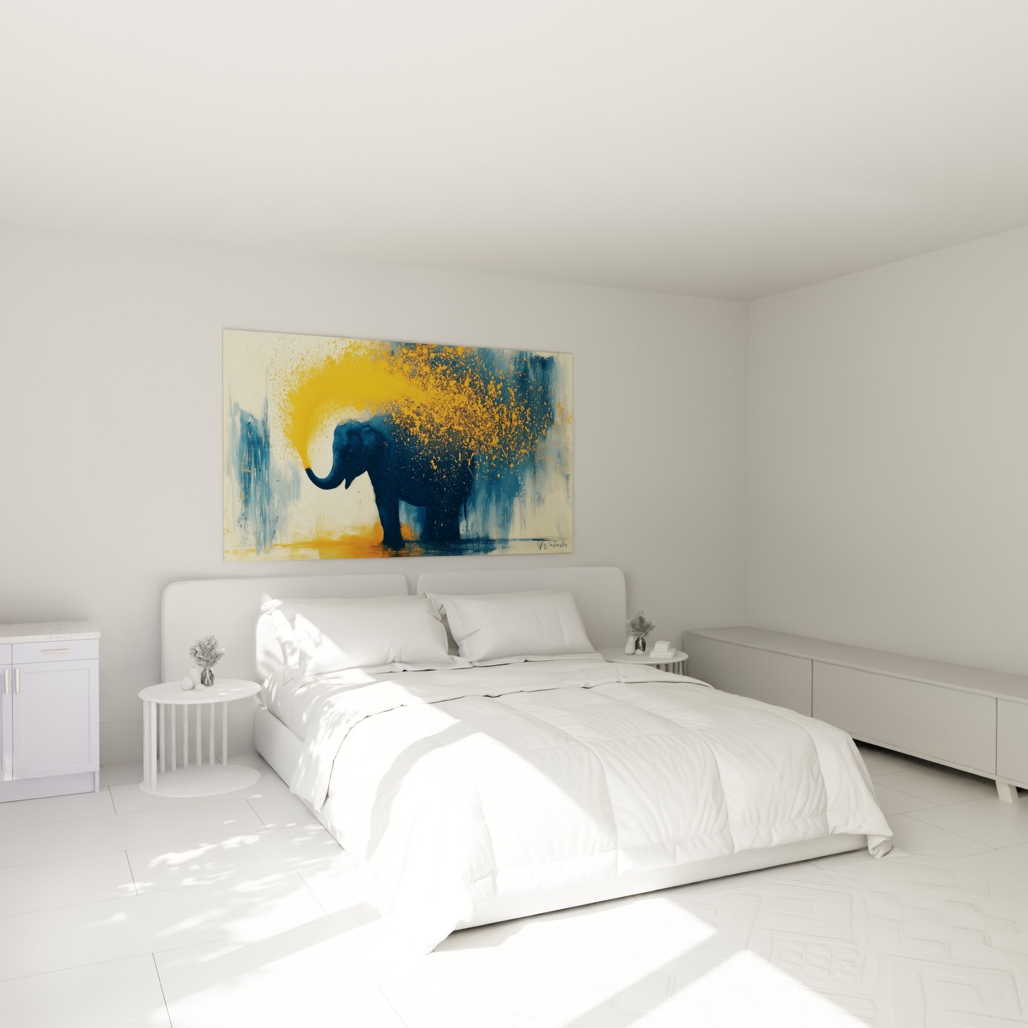 Silhouette d'éléphant bleu marine et éclaboussures orange au-dessus d'un lit dans une chambre claire
