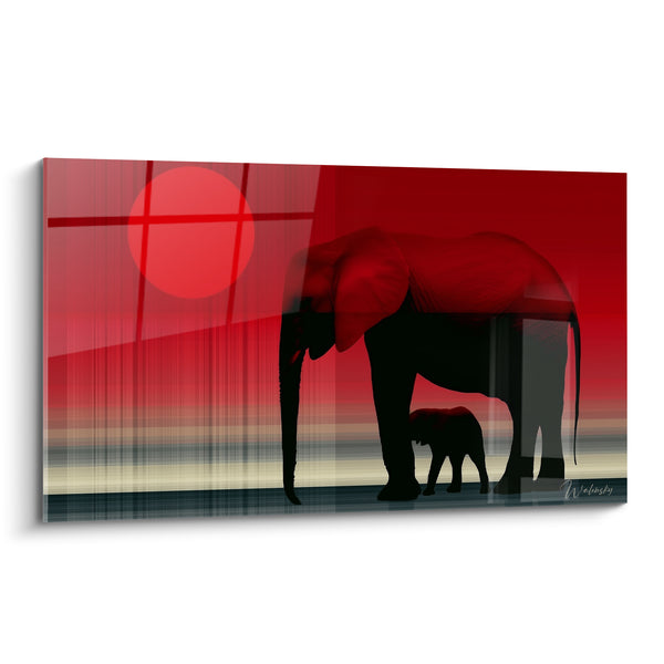 Tableau Éléphants rouge et noir au soleil - Instant de tendresse - Edition Elephant