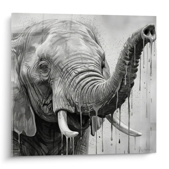 Schilderij olifant zwart wit met verfuitvloeiingen en ivoorkleurige slagtanden - Stedelijke Majesteit - Street art dripping spatten editie