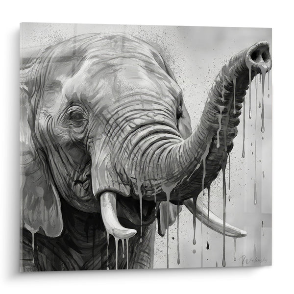 Schilderij olifant zwart wit met verfuitvloeiingen en ivoorkleurige slagtanden - Stedelijke Majesteit - Street art dripping spatten editie