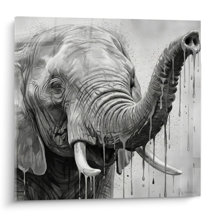 Schilderij olifant zwart wit met verfuitvloeiingen en ivoorkleurige slagtanden - Stedelijke Majesteit - Street art dripping spatten editie