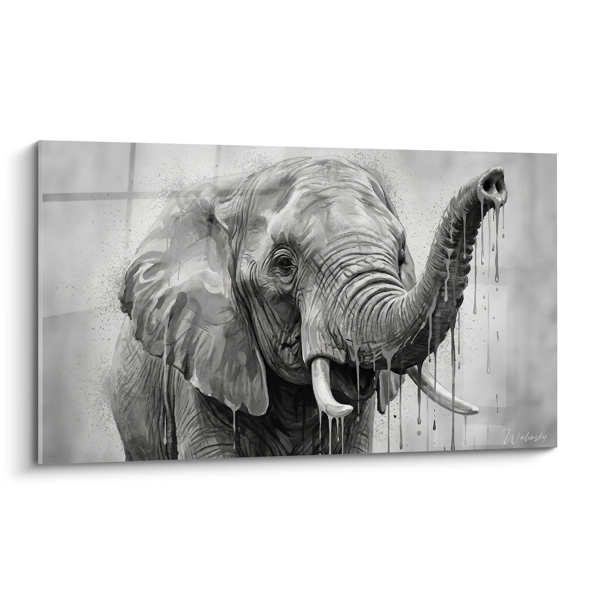 Tableau elephant noir et blanc style street art avec ecoulures et trompe levee decoration murale urbaine