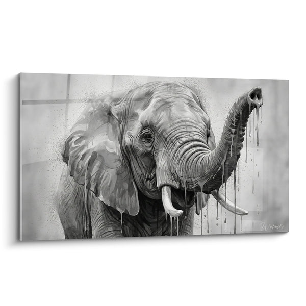 Cuadro de elefante monocromático con goteos y trompa levantada - Majestad salvaje - Edición Street art dripping salpicaduras