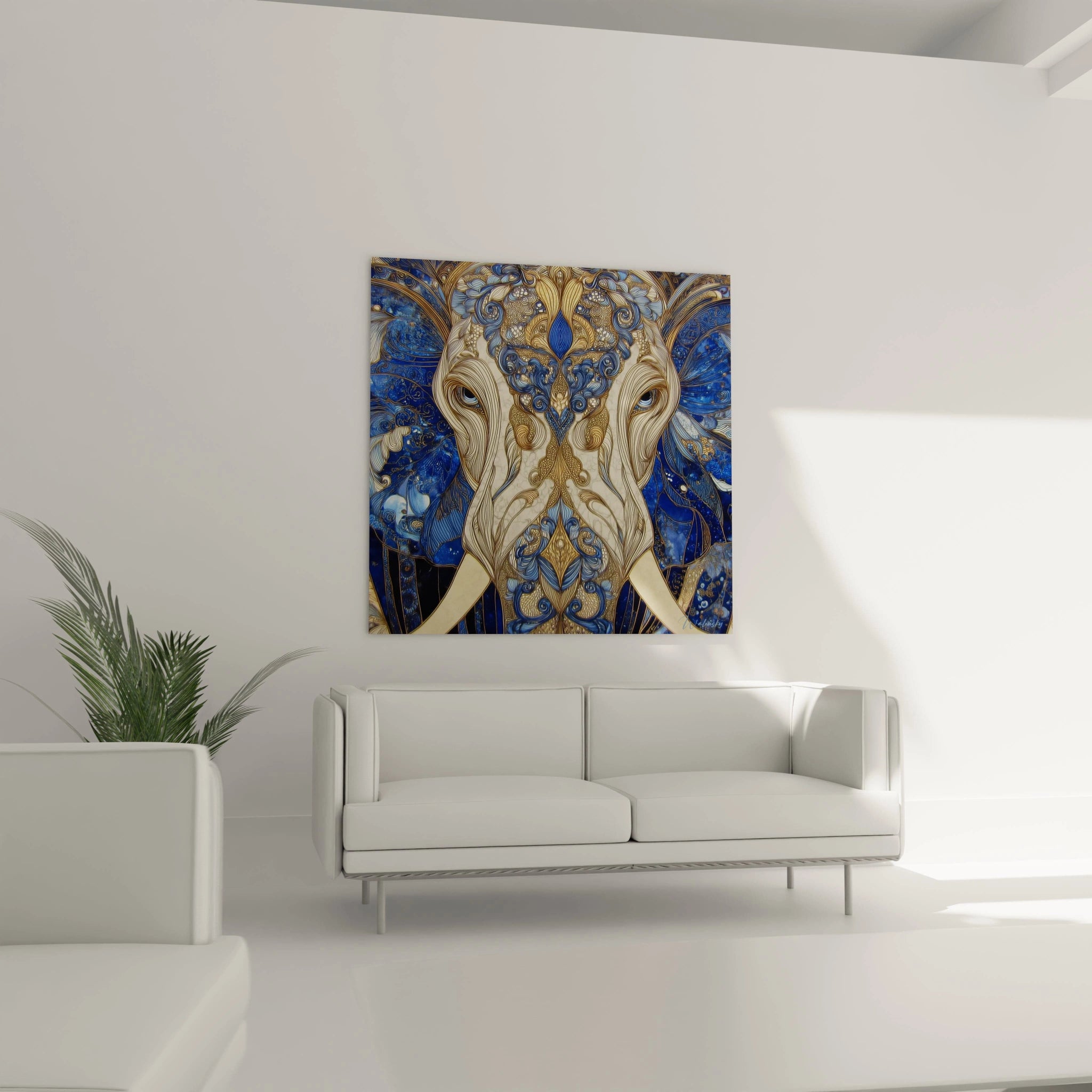 Tableau mural Walensky tableau éléphant tribal bleu et or orné accroché au dessus du canapé blanc