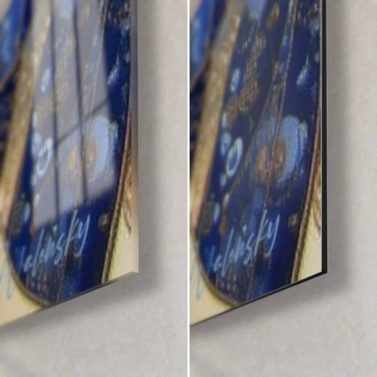 Gemälde Mosaik-Dickhäuter in Nachtblau und Elfenbein, unterer rechter Eckbereich aus glänzendem Glas und mattem Alu-Dibond, 3 mm Kante
