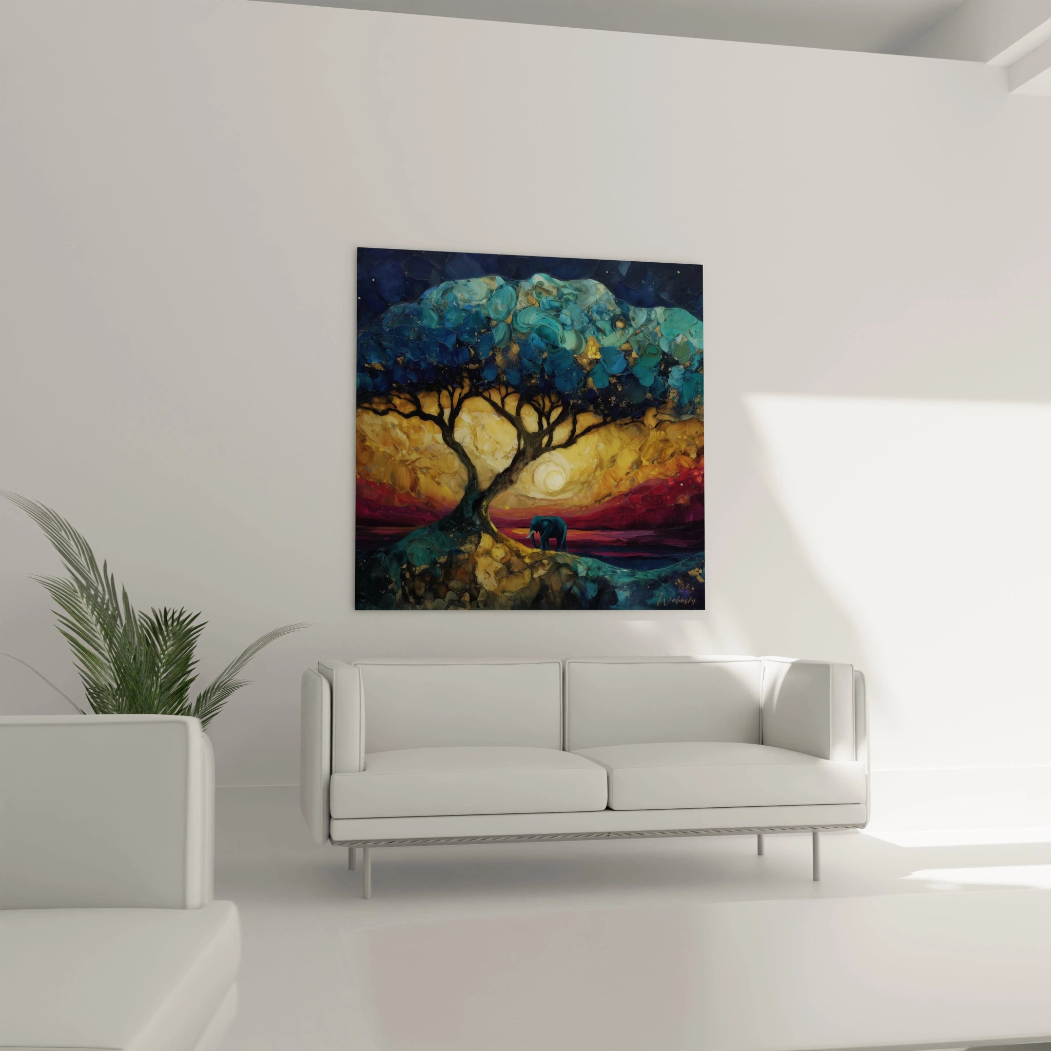Tableau éléphant paysage africain avec un arbre coloré et un ciel étoilé sur un mur moderne.
