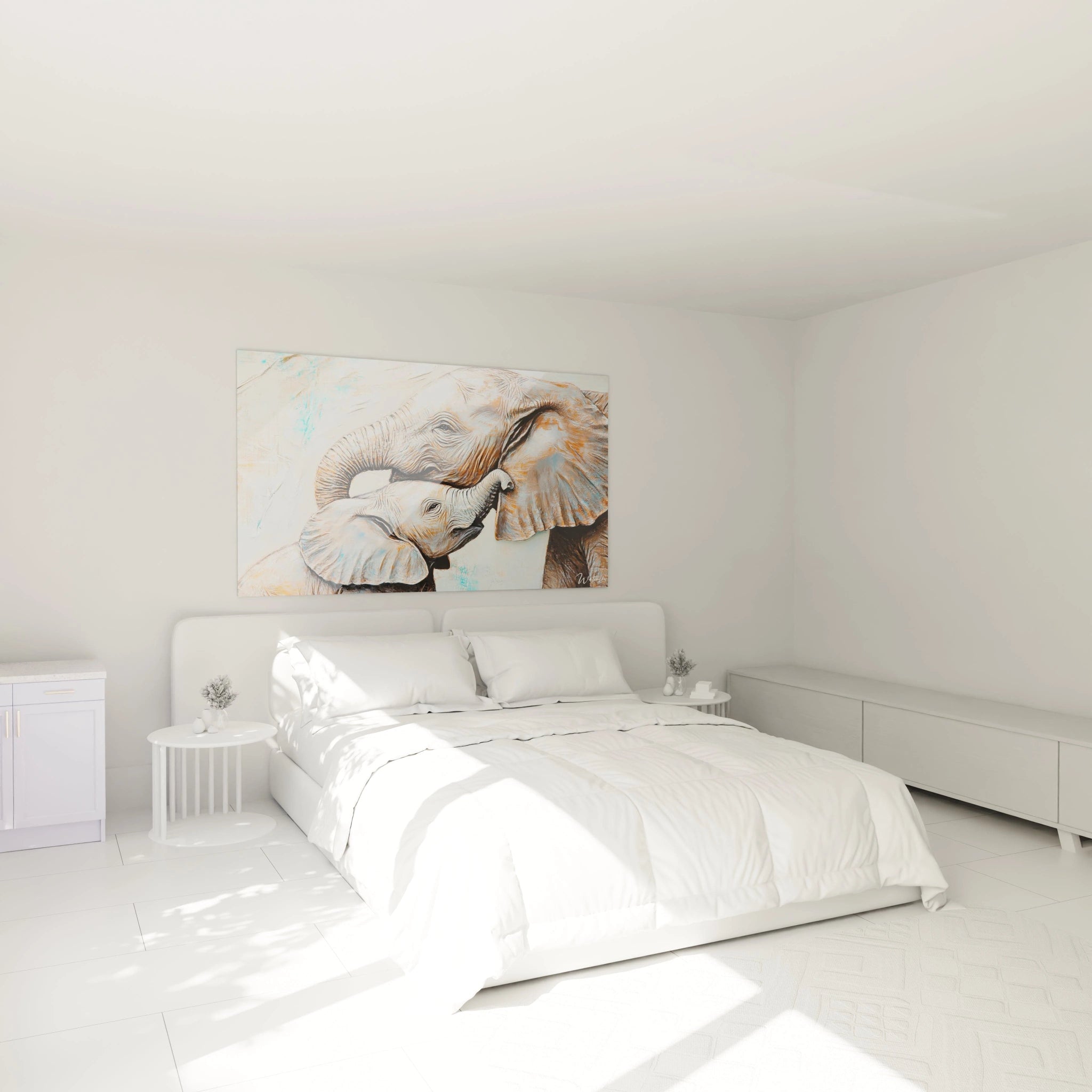Tableau éléphant Walensky dans une chambre élégante avec lit blanc et décoration minimale