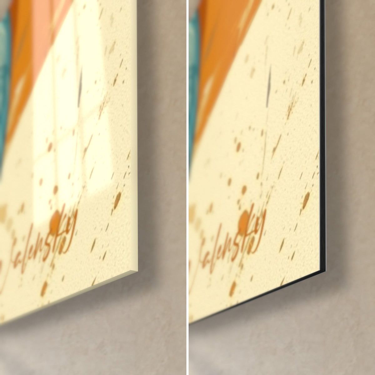 Gemälde Elefant in Petrolblau und Orange, untere rechte Ecke: glänzendes Acrylglas links, matte Dibond-Aluminium rechts, 3 mm Stärke