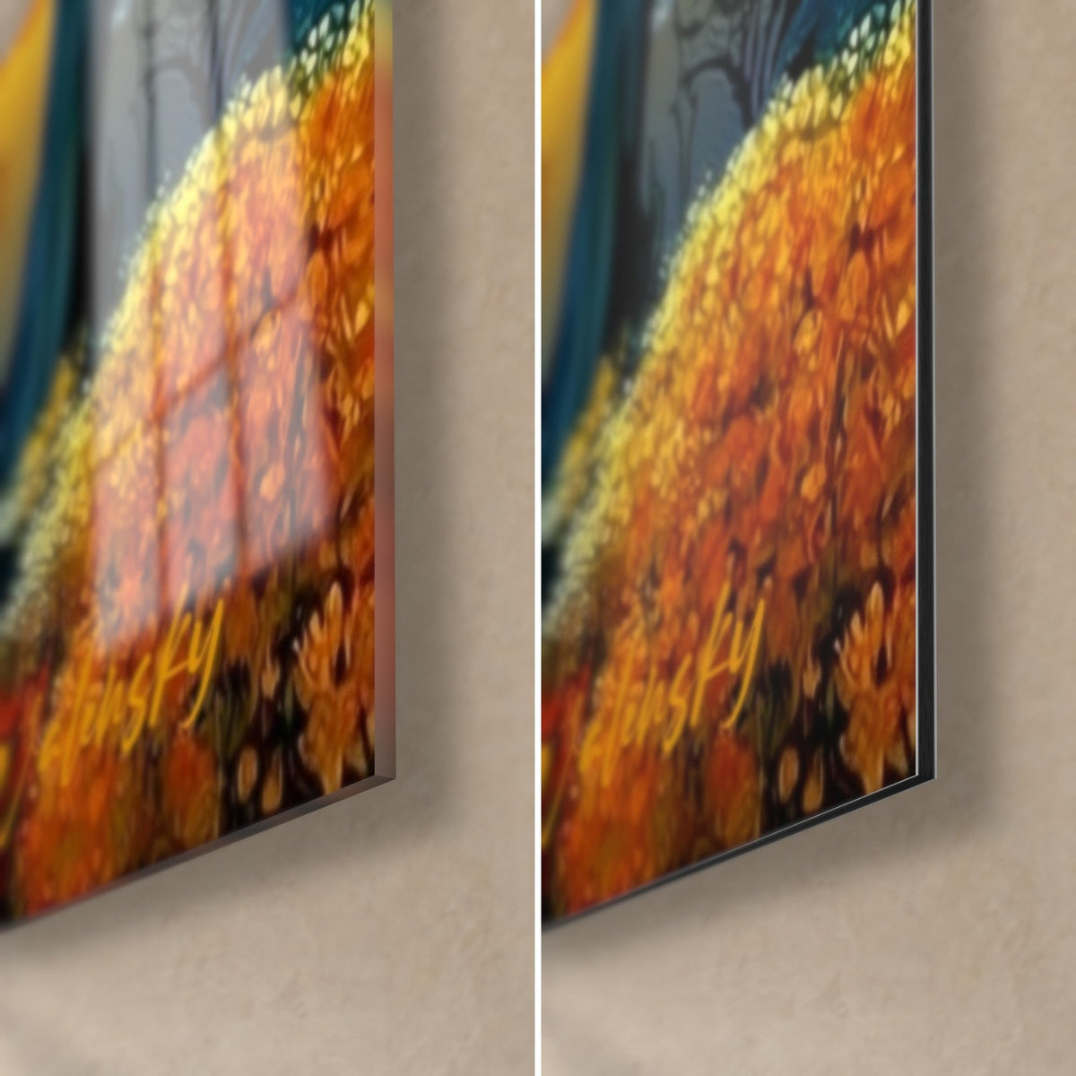 Gemälde großformatiges Patchwork in Indigo und Honiggelb, untere rechte Ecke: glänzendes Acrylglas links, mattes Dibond-Aluminium rechts