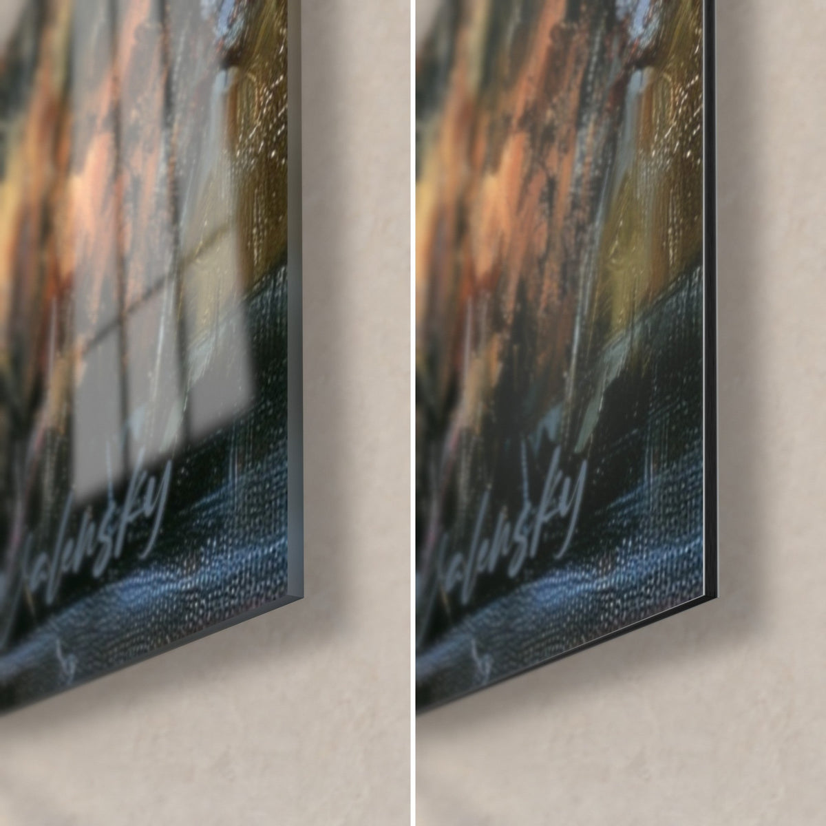 Wall art elephant in golden mist, bottom right corner, white signature on midnight blue and ochre tones, glossy glass and matte Dibond