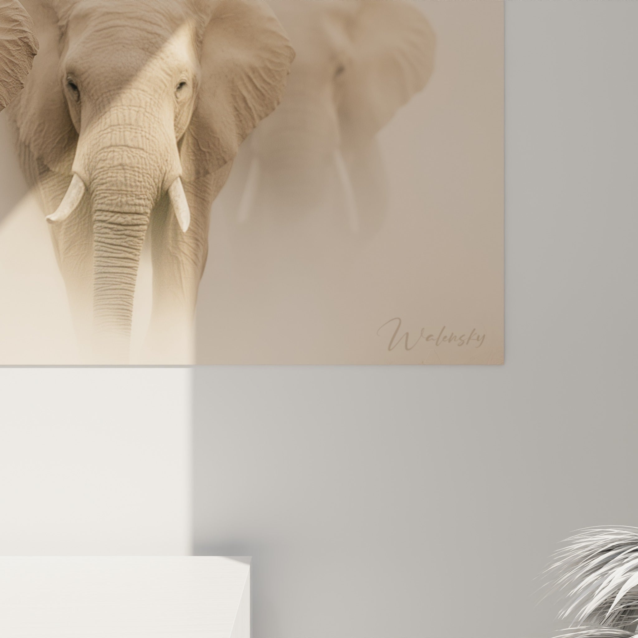 Peau ridée et texturée d'un éléphant gris beige, grain fin de l'impression et défenses ivoire visibles de près