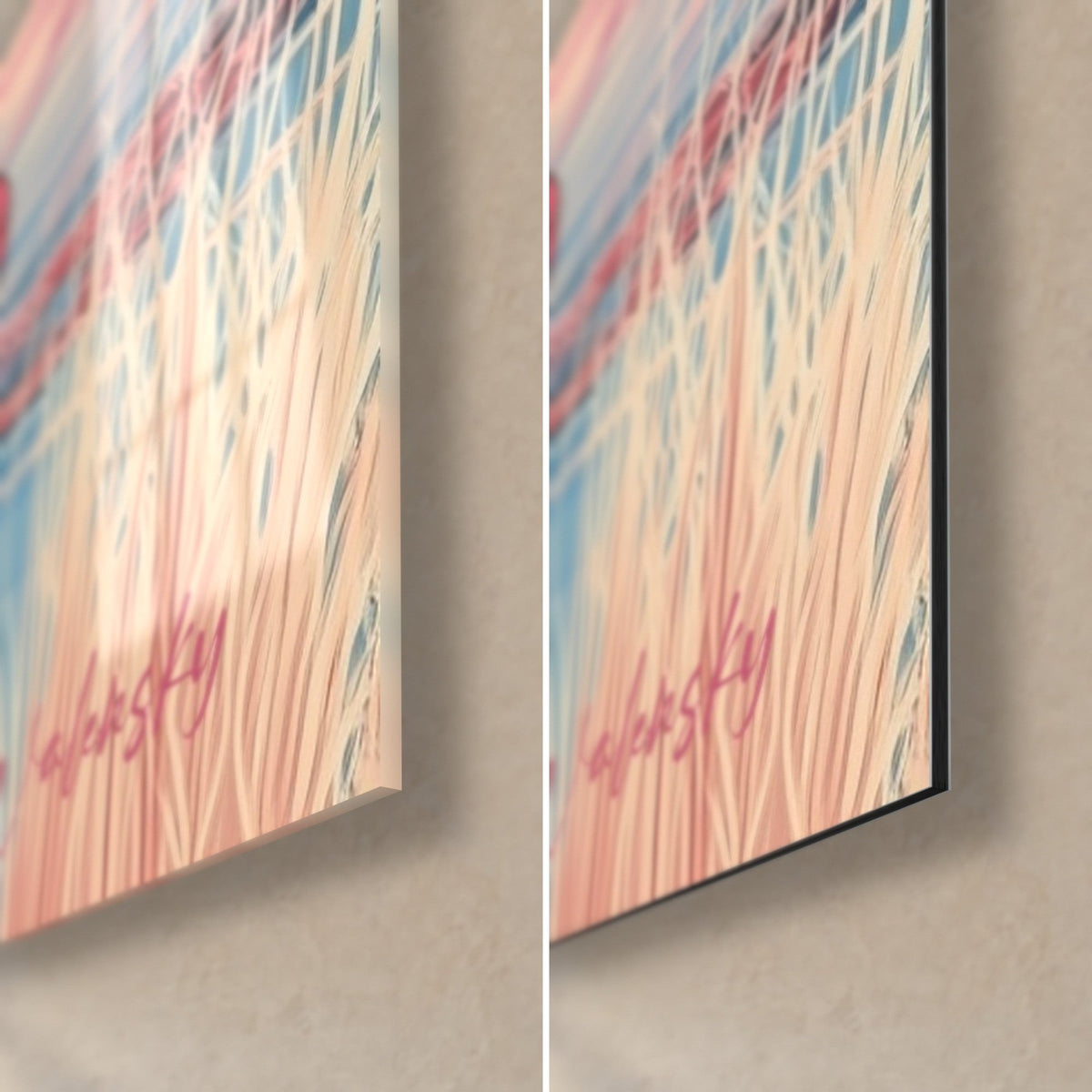 Gemälde Elefant karmin, goldene Hochgräser und blaues Wasser, untere rechte Ecke: glänzendes Acrylglas links, mattschwarzes Dibond rechts