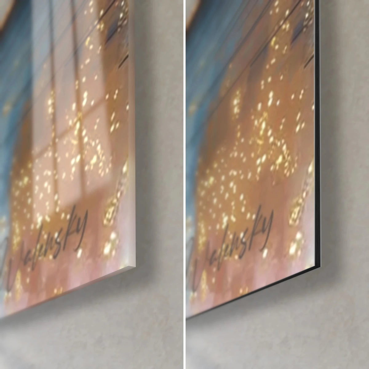 Wall art geometric elephant in ochre and blue, bottom right corner: golden glitter on the glossy glass on the left, matte Dibond on the right, 3 mm edge