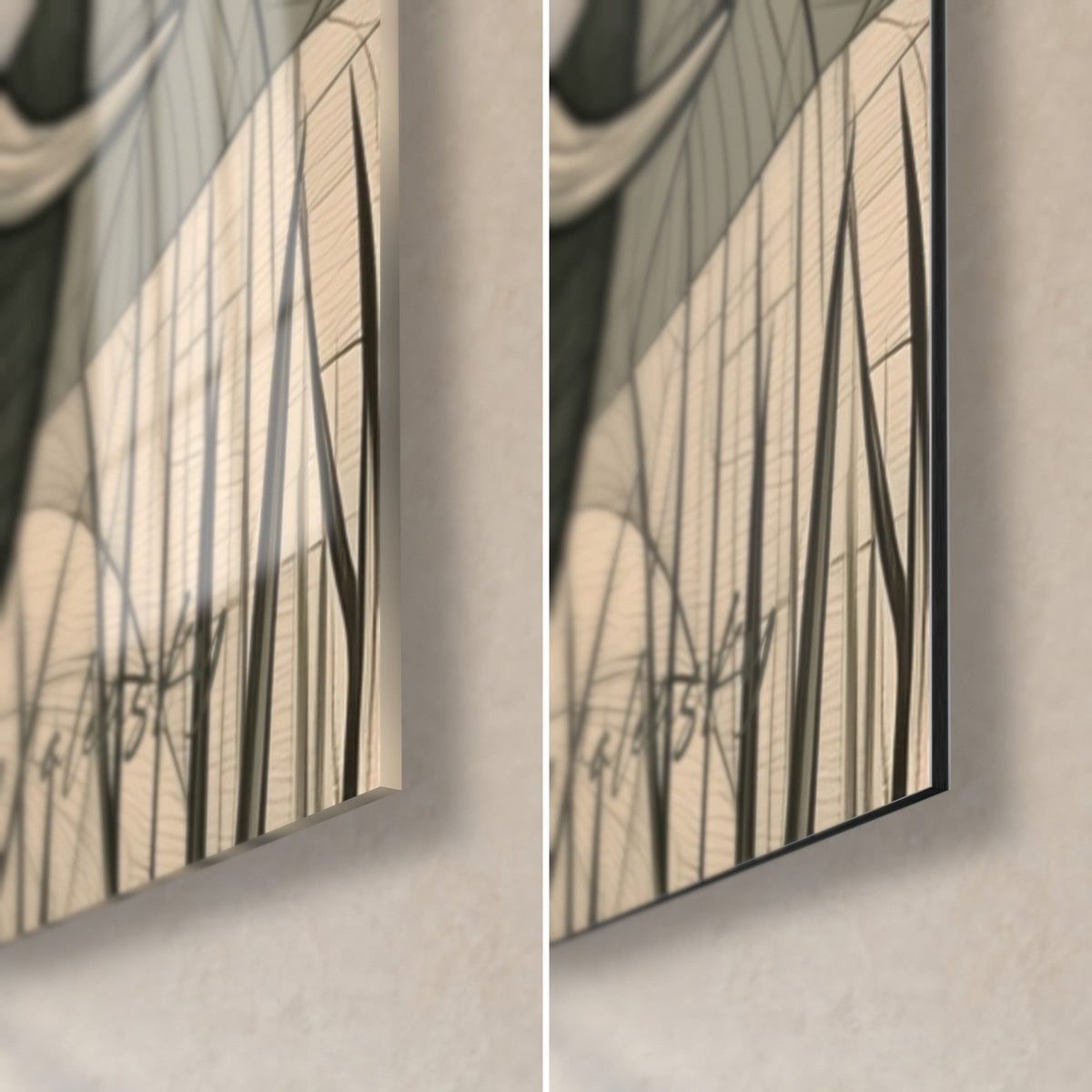 Gemälde Elefant grau mit elfenbeinfarbenem Gras, untere rechte Ecke: glänzendes Acrylglas links, mattschwarzes Dibond-Aluminium rechts