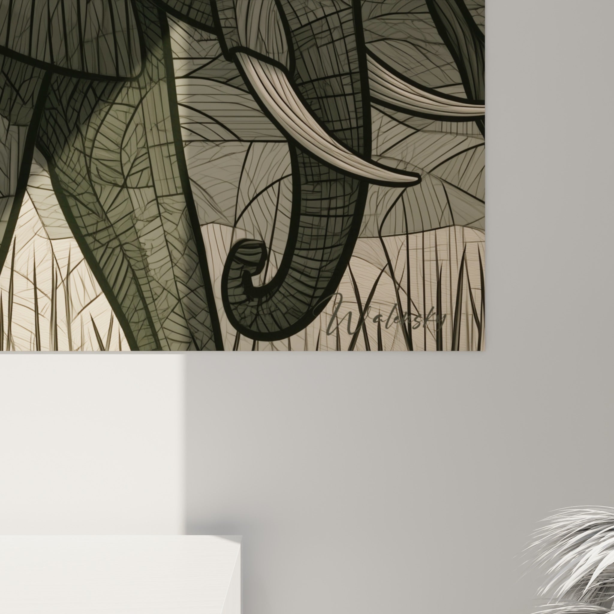 Empâtements linéaires gris et rouges dessinant la trompe et l'oreille d'un éléphant gravé