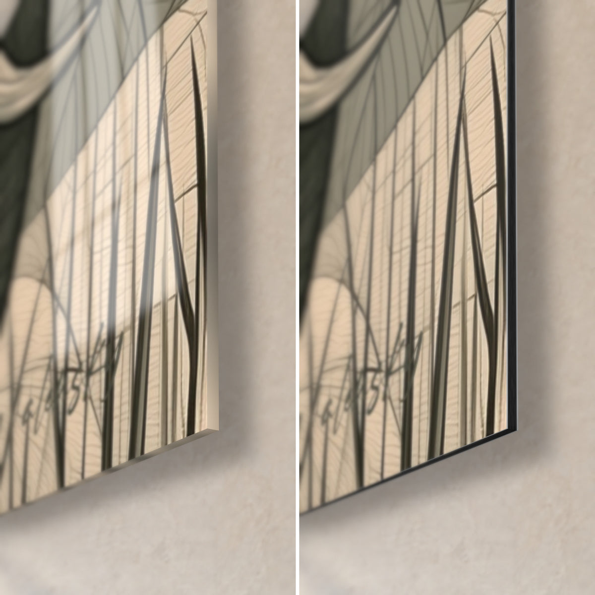 Quadro elefante grigio con erbe color avorio, angolo in basso a destra: vetro acrilico lucido a sinistra, alluminio Dibond nero opaco a destra