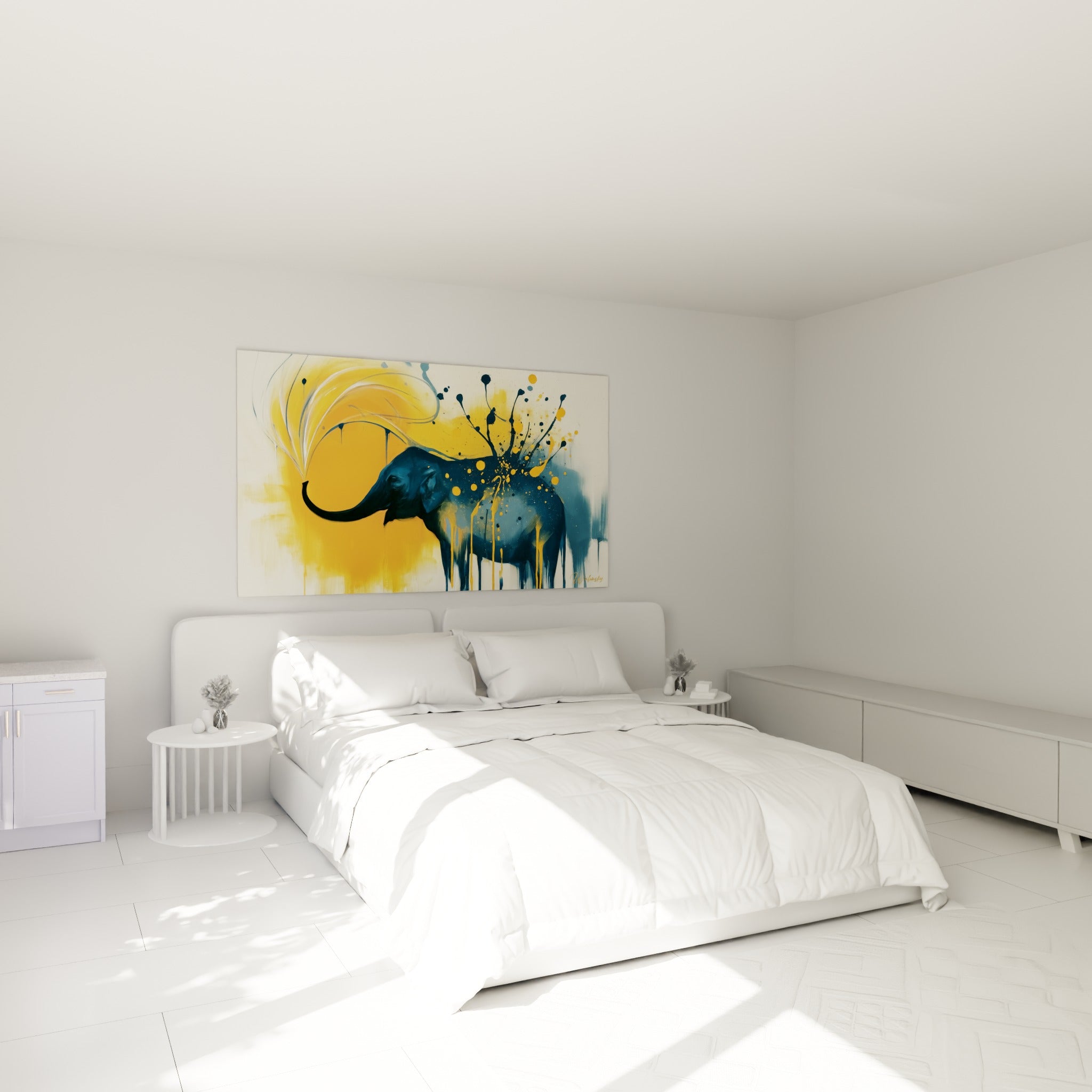 Silhouette d'éléphant bleu marine et jaune ocre placée au-dessus d'un lit dans une chambre claire