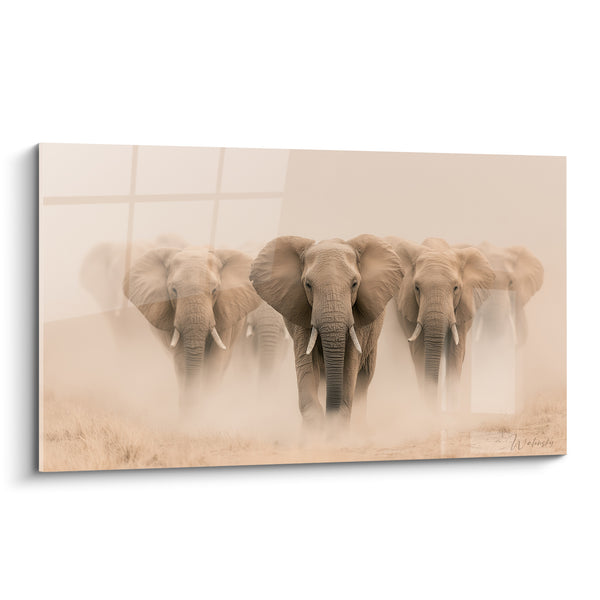 Tableau Éléphants beiges et sable dans la poussière - Front du troupeau - Edition Elephant