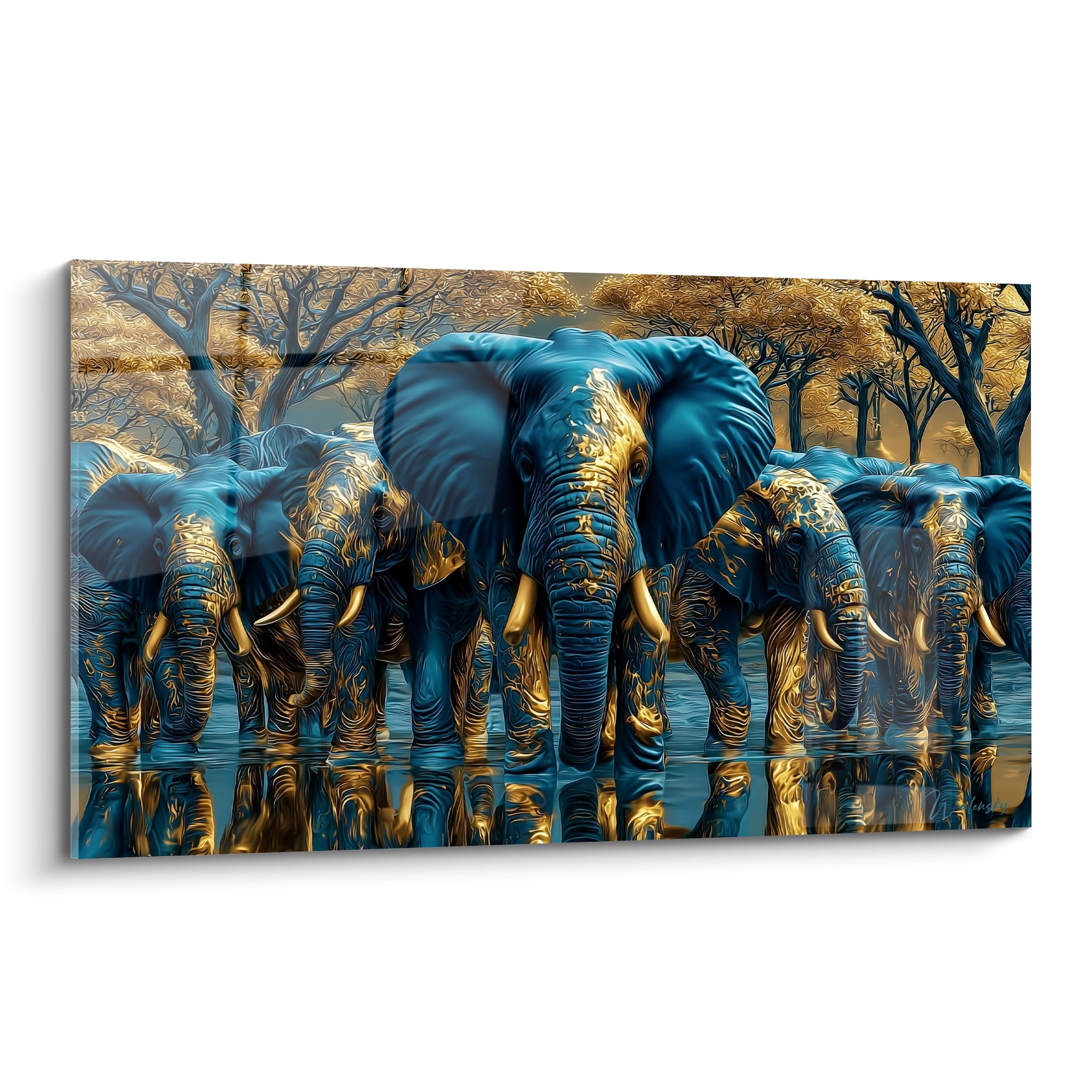 Troupeau d'éléphants bleu marine et doré face à un point d'eau au crépuscule