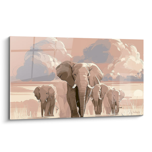 Tableau Éléphants roses aux nuages majestueux - Marche vers le crépuscule - Edition Elephant
