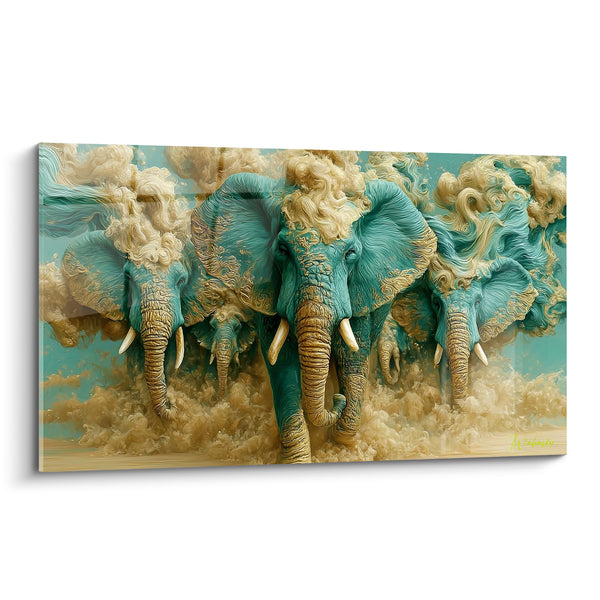 Tableau Éléphants turquoise et dorés en marche - Marche du troupeau - Edition Elephant