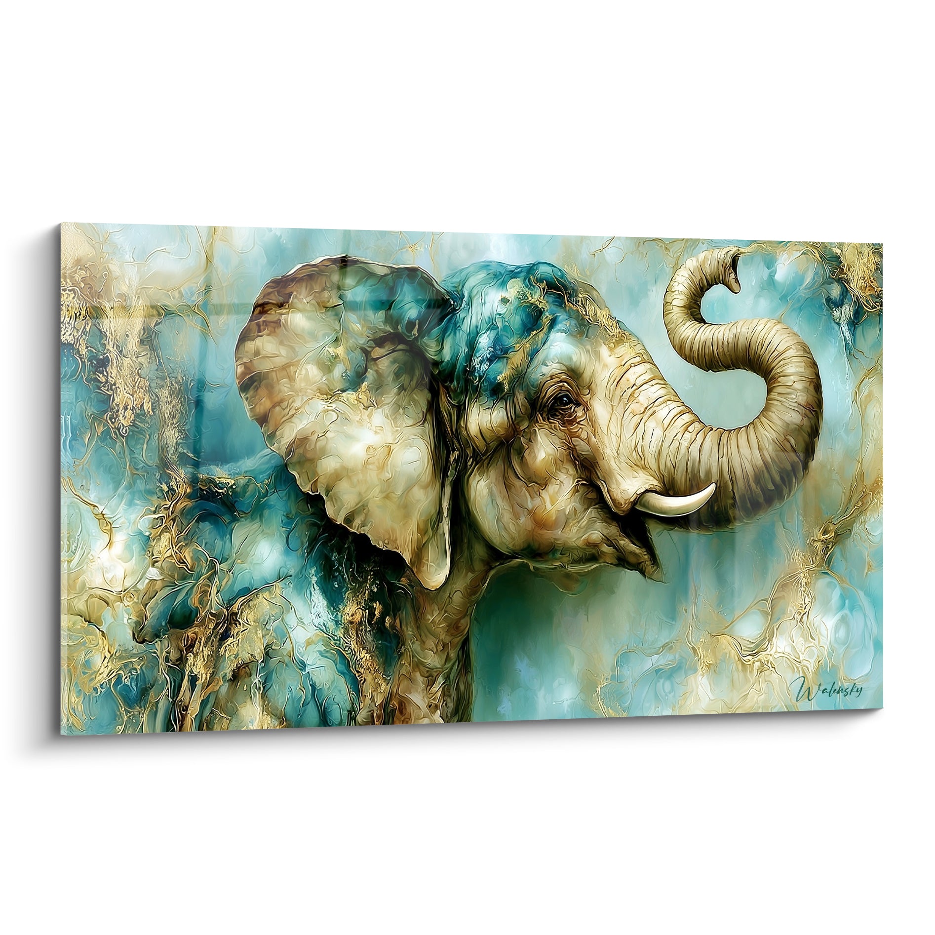 Éléphant en profil turquoise et doré, trompe enroulée, effet marbré aux veinures dorées.