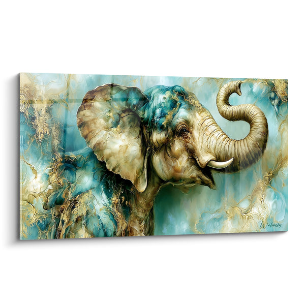 Tableau Éléphant turquoise et doré trompe enroulée - Sagesse minérale - Edition Elephant