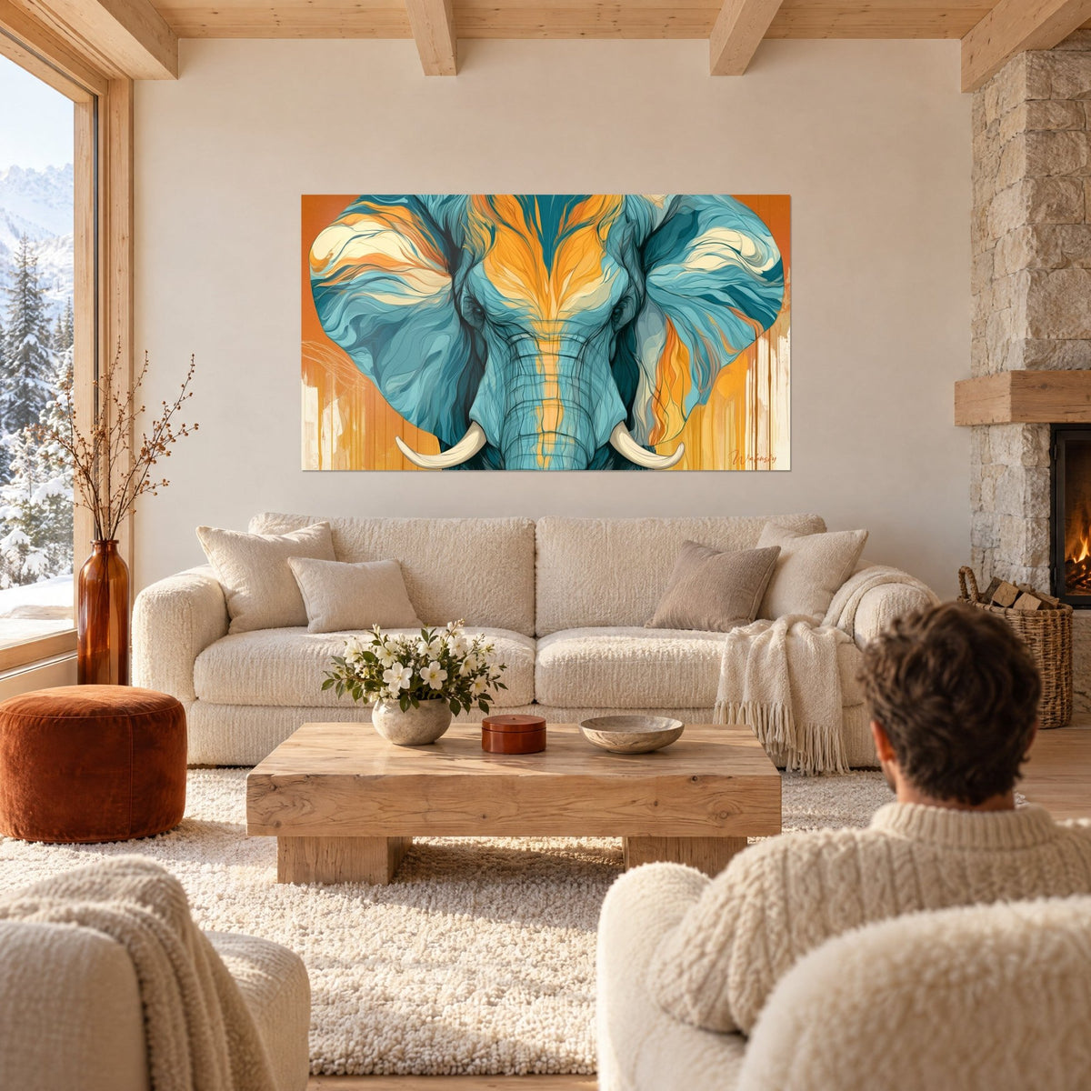 Quadro di elefante blu petrolio con orecchie marmorizzate d'arancio e zanne d'avorio, sopra un divano in un soggiorno luminoso