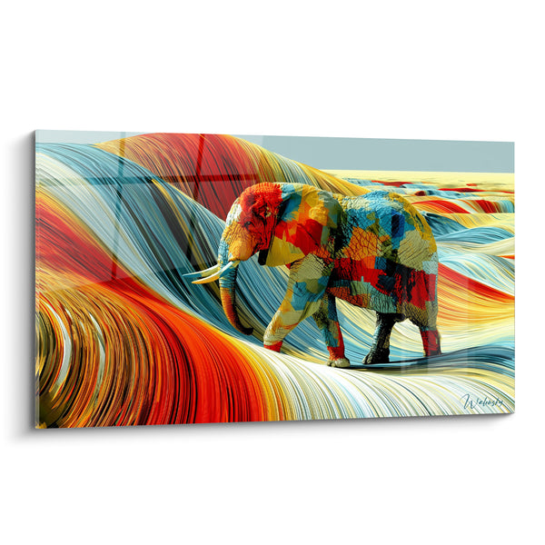 Tableau Éléphant aux vagues rouge et bleu - Traversée hypnotique - Edition Elephant