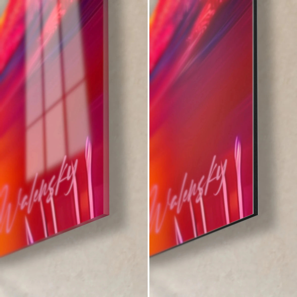 Gemälde Herde mehrfarbiger Elefanten, untere rechte Ecke: glänzendes Glas links, mattes rotes Alu-Dibond rechts, 3 mm Stärke