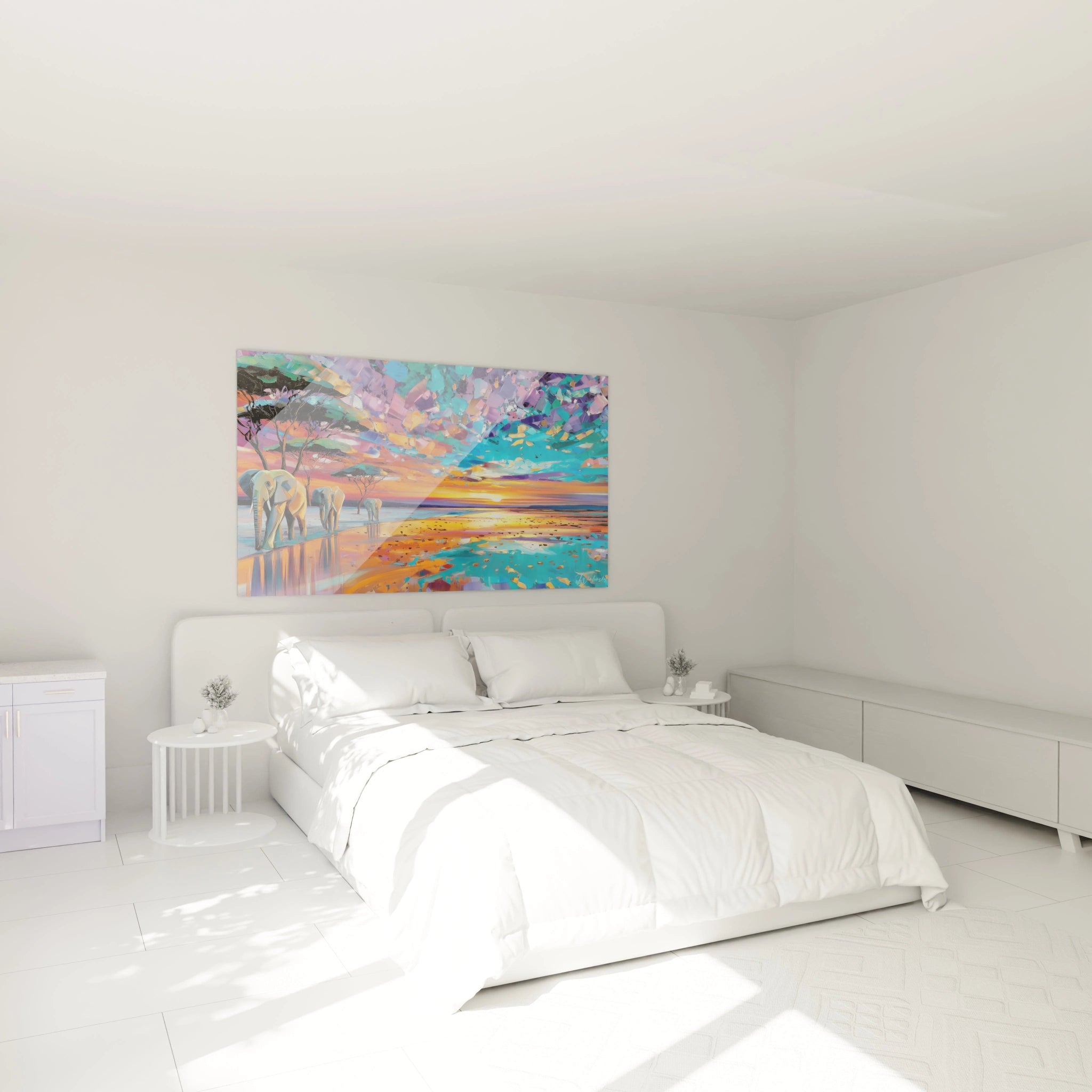 Tableau éléphants paysage africain coloré décorant un mur dans une chambre moderne et lumineuse