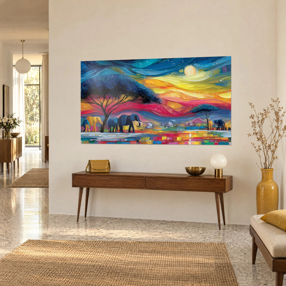 Cuadro sabana africana en pintura al óleo, cielo carmesí y naranja, luna pálida, colgado sobre una consola de madera