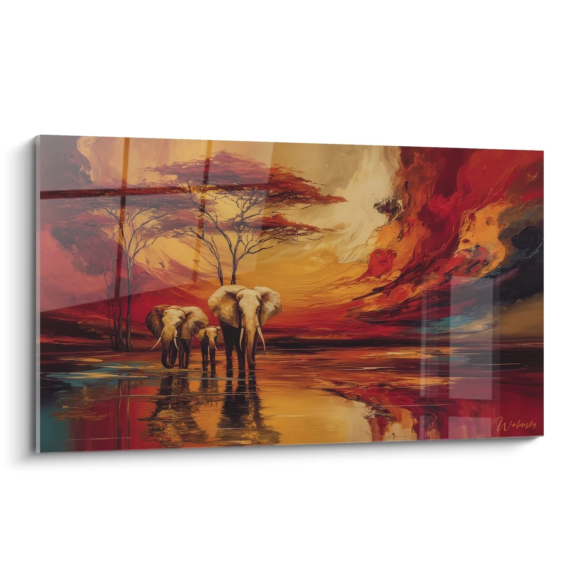 Tableau éléphants paysage africain avec couleurs vives et reflet sur l'eau au coucher du soleil