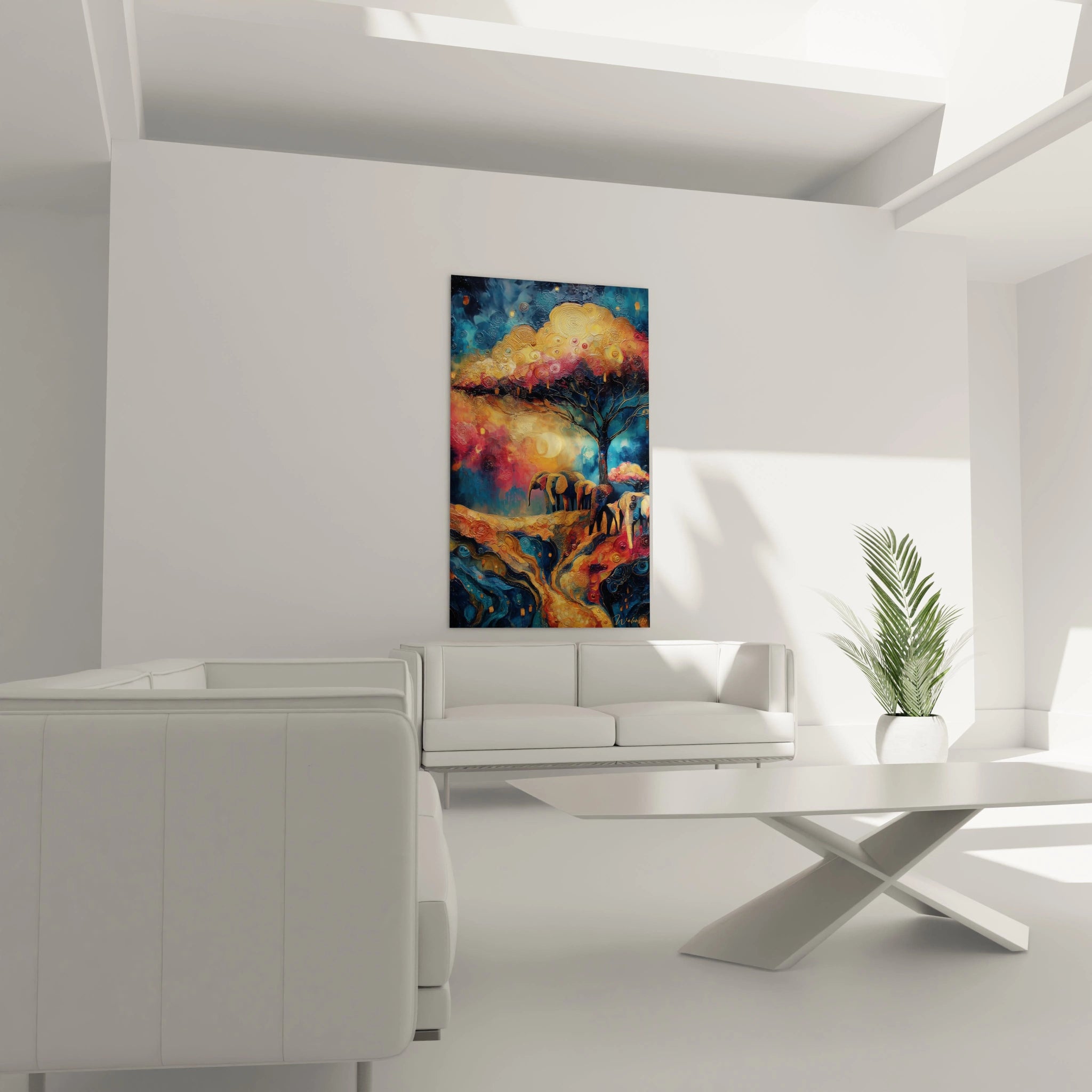 Tableau éléphants paysage africain en couleurs vives, parfait pour décorer un intérieur moderne