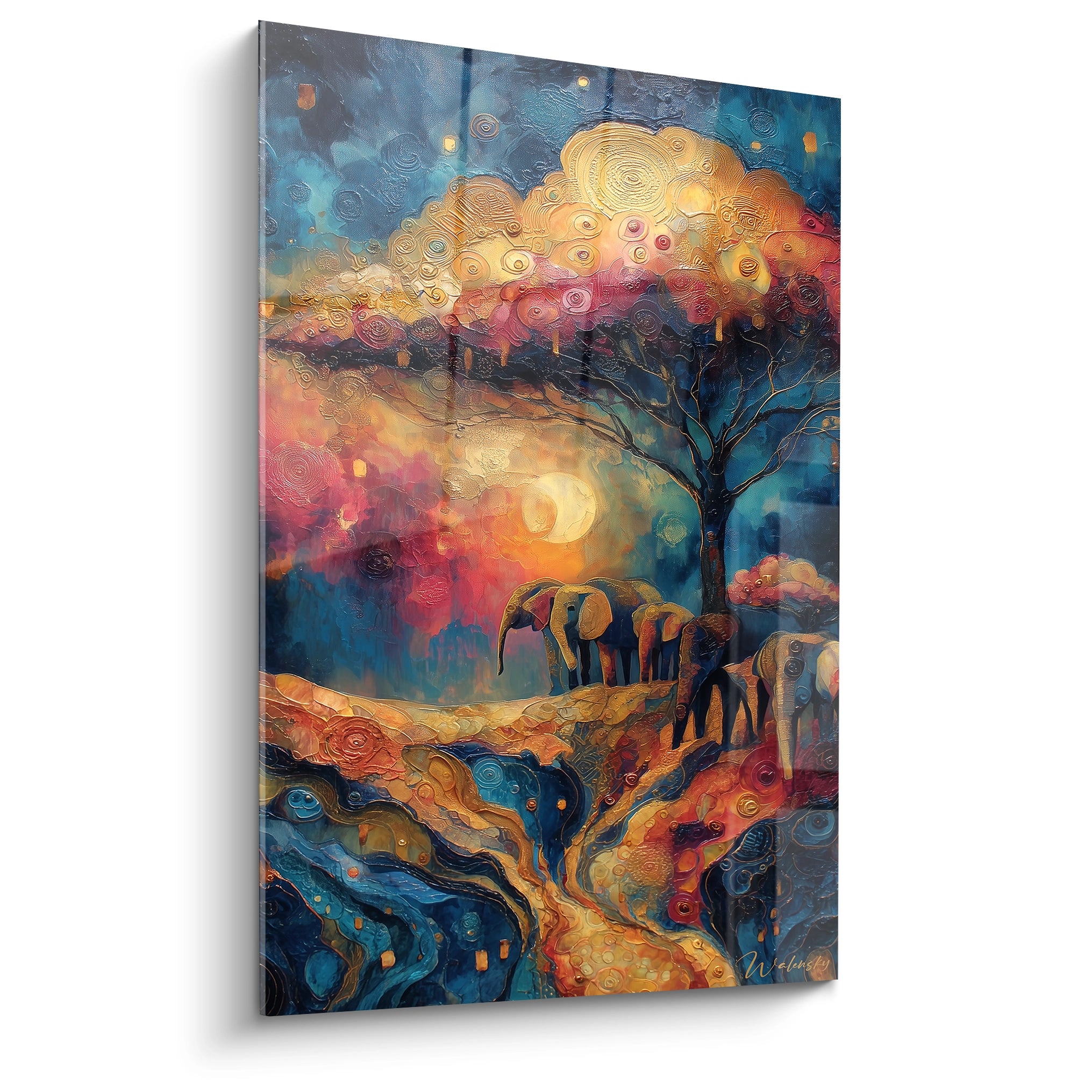 Tableau éléphants paysage africain coloré avec des nuages et un arbre au crépuscule