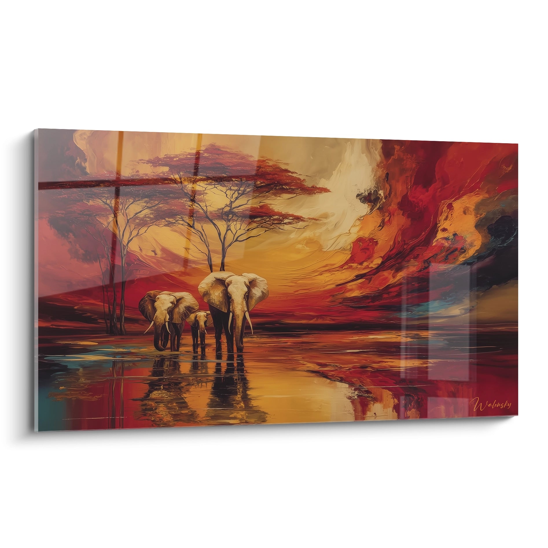 Tableau éléphants paysage africain avec couleurs vives et reflet sur l'eau au coucher du soleil
