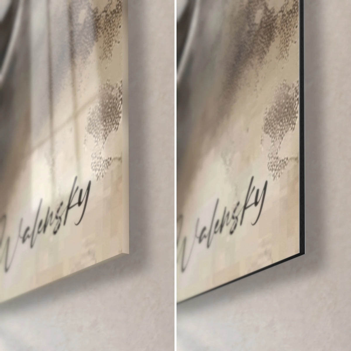 Schilderij grijze en okerkleurige olifanten, zwarte Walensky-handtekening, hoek rechtsonder in glanzend glas en mat Dibond, 3 mm dik