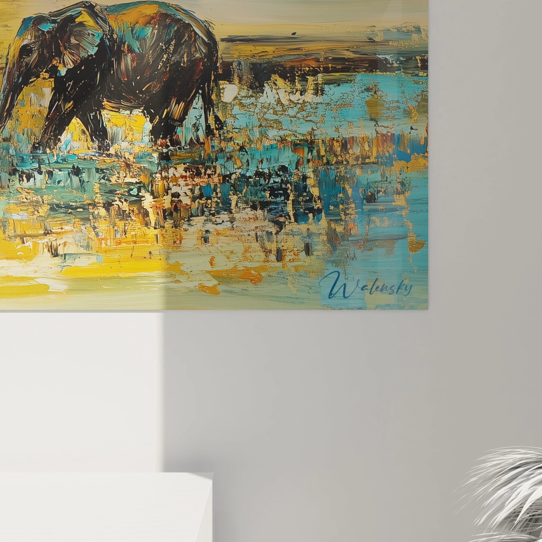 Tableau éléphant coloré de Walensky avec des nuances de bleu et jaune pour une décoration moderne
