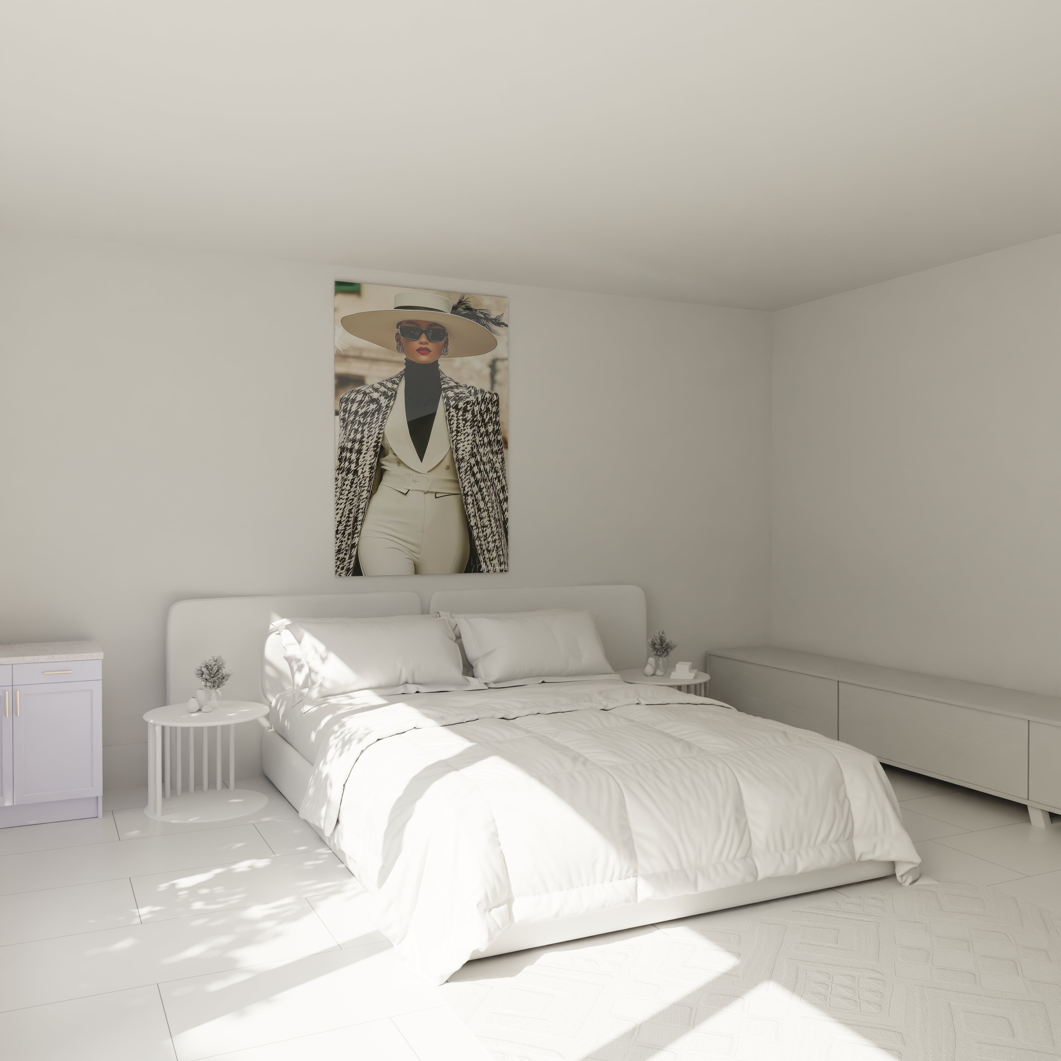 Tableau élévance française de Walensky dans une chambre moderne avec lit élégant et lumière naturelle