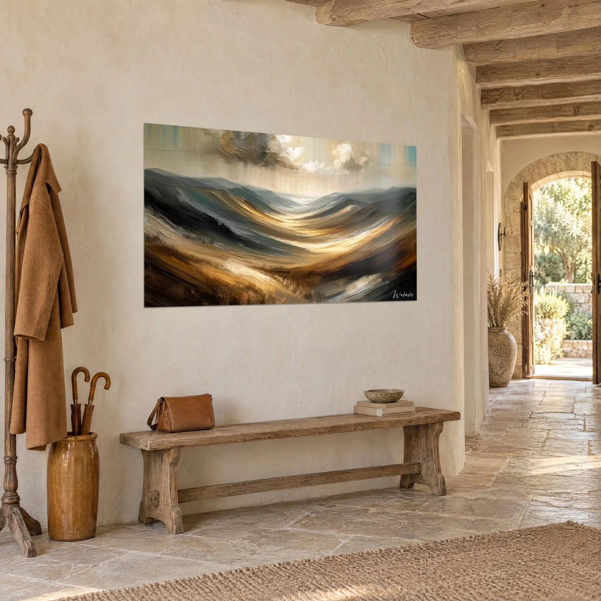 Wall art abstract landscape in palette-knife strokes, golden valley and blue-grey clouds, stone wall of a country house